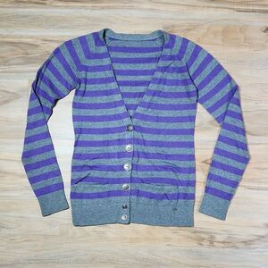 💚TNA Purple & Gray Stripe Long Sleeve Wool Blend Sweater w/Pockets Small